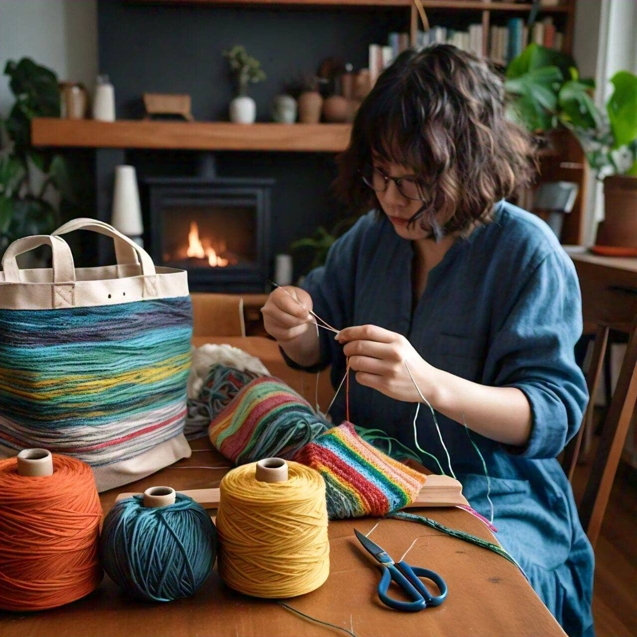 Handwoven tote bag from yarn
